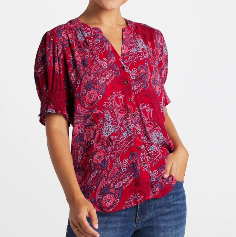 Women's Paisley Puff Sleeve Red Top, M